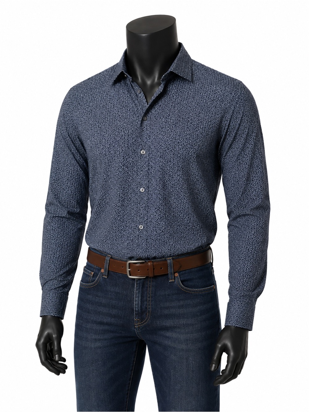 Stitch Note Men's Navy Micro-Print Long-Sleeve Shirt 100% Egyptian Cotton